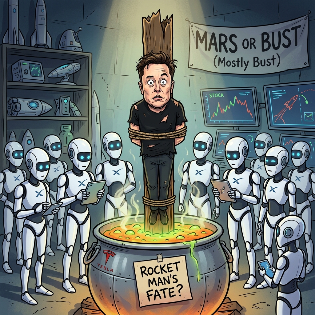 Elon Musk tied to a stake surrounded by robots